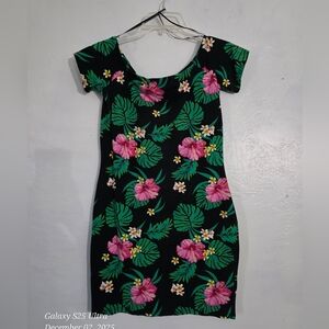 BONGO Black Dress with Pink and Green Floral Design